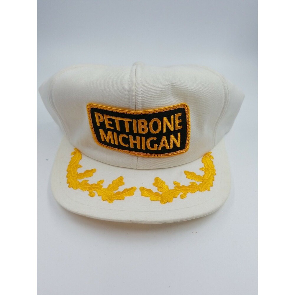 Vintage PETTIBONE MICHIGAN White Canvas Trucker SnapBack Hat Patch Gold leaf H2